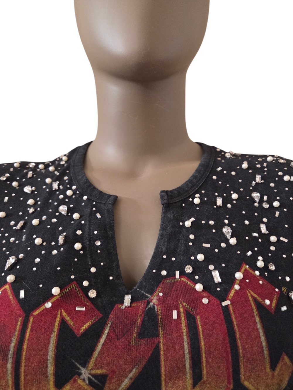 AC/DC Rhinestone Notch Neck TShirt LG Dark Wash Charcoal For Those About To Rock - Picture 3 of 16